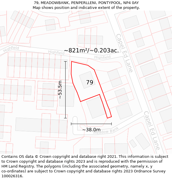 79, MEADOWBANK, PENPERLLENI, PONTYPOOL, NP4 0AY: Plot and title map