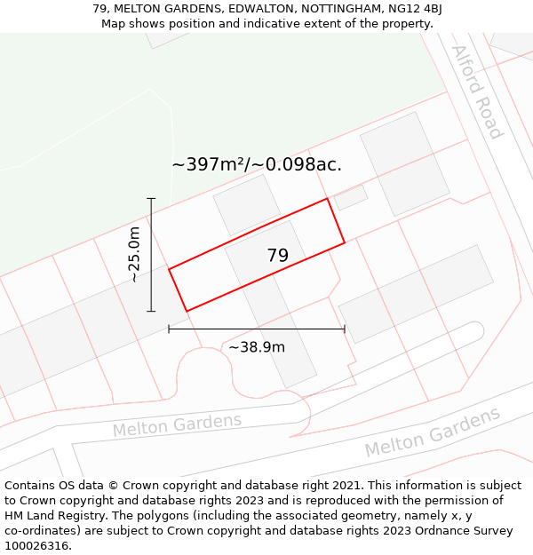 79, MELTON GARDENS, EDWALTON, NOTTINGHAM, NG12 4BJ: Plot and title map