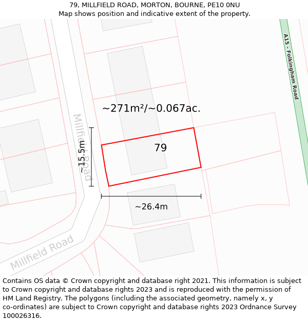 79, MILLFIELD ROAD, MORTON, BOURNE, PE10 0NU: Plot and title map