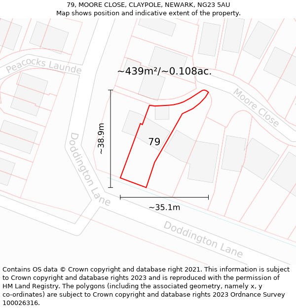 79, MOORE CLOSE, CLAYPOLE, NEWARK, NG23 5AU: Plot and title map