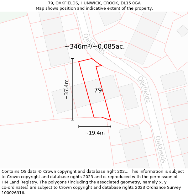 79, OAKFIELDS, HUNWICK, CROOK, DL15 0GA: Plot and title map