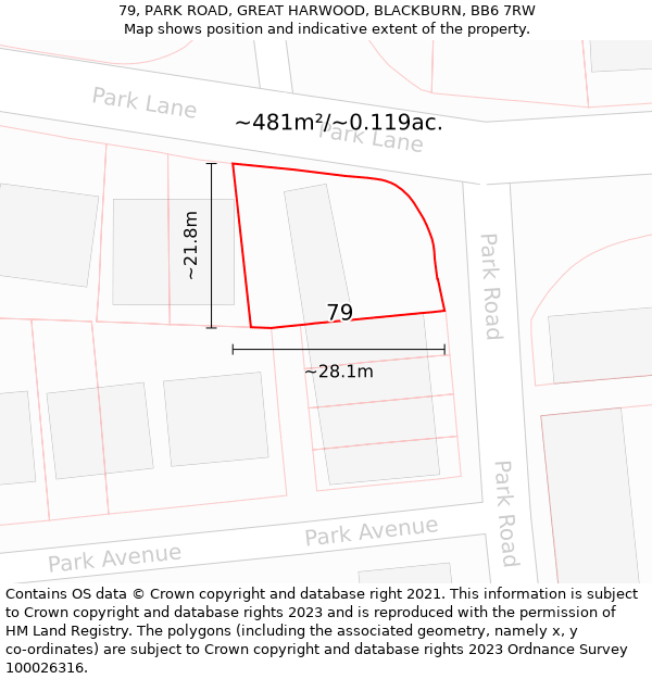 79, PARK ROAD, GREAT HARWOOD, BLACKBURN, BB6 7RW: Plot and title map