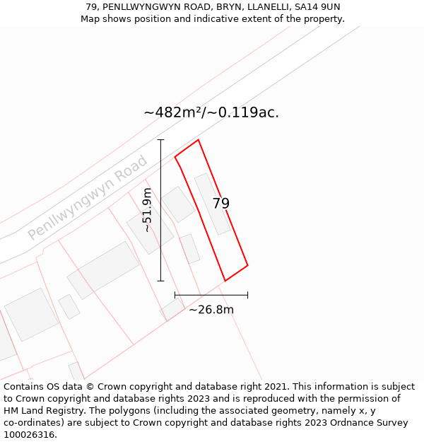 79, PENLLWYNGWYN ROAD, BRYN, LLANELLI, SA14 9UN: Plot and title map