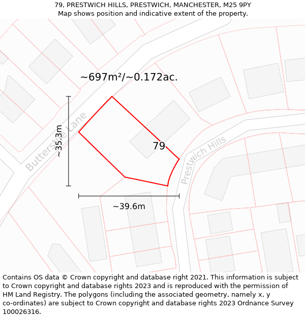 79, PRESTWICH HILLS, PRESTWICH, MANCHESTER, M25 9PY: Plot and title map