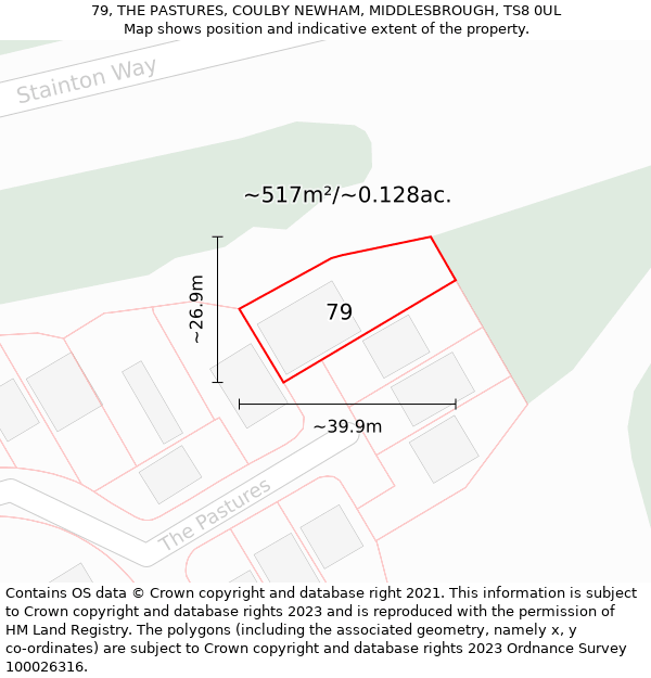 79, THE PASTURES, COULBY NEWHAM, MIDDLESBROUGH, TS8 0UL: Plot and title map