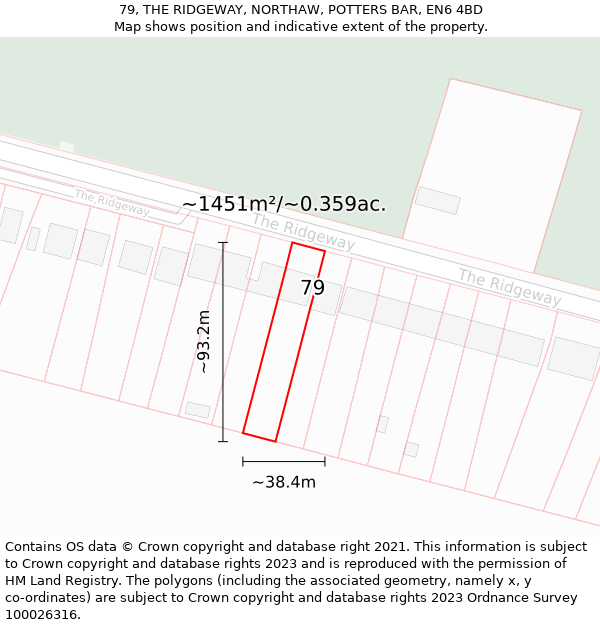 79, THE RIDGEWAY, NORTHAW, POTTERS BAR, EN6 4BD: Plot and title map