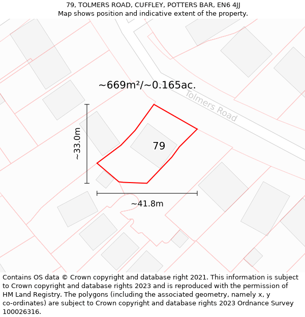 79, TOLMERS ROAD, CUFFLEY, POTTERS BAR, EN6 4JJ: Plot and title map