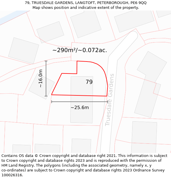 79, TRUESDALE GARDENS, LANGTOFT, PETERBOROUGH, PE6 9QQ: Plot and title map