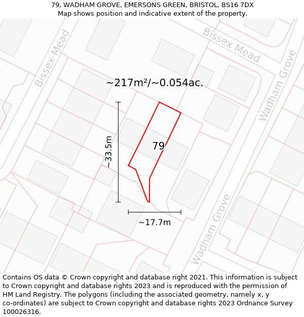 79, WADHAM GROVE, EMERSONS GREEN, BRISTOL, BS16 7DX: Plot and title map