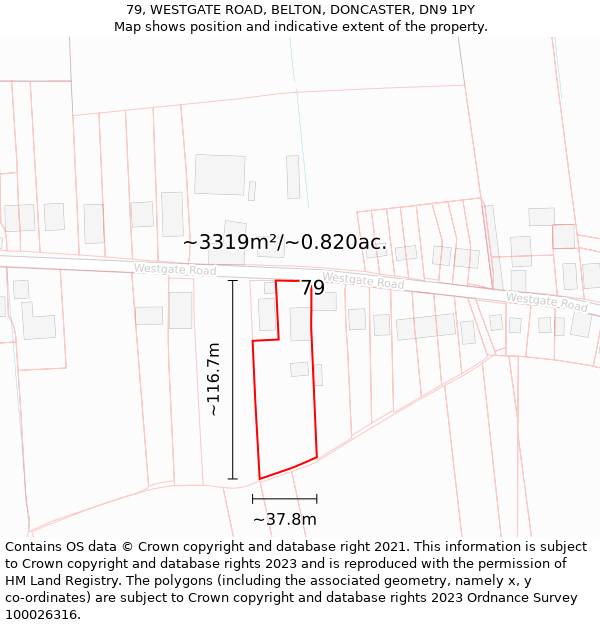 79, WESTGATE ROAD, BELTON, DONCASTER, DN9 1PY: Plot and title map