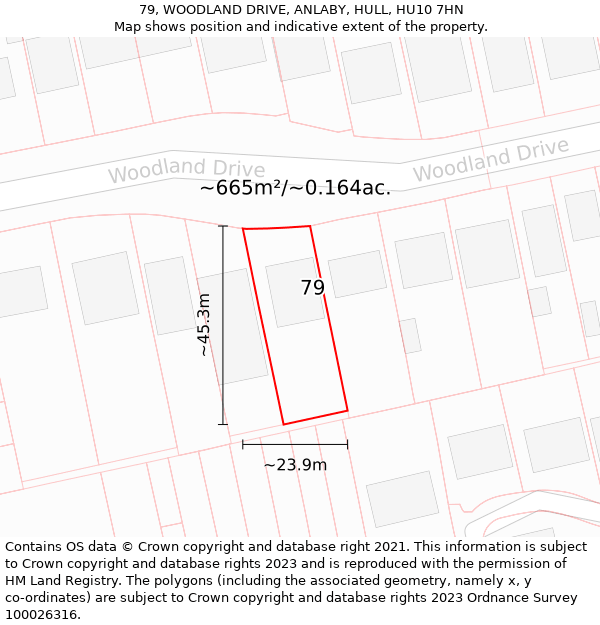 79, WOODLAND DRIVE, ANLABY, HULL, HU10 7HN: Plot and title map