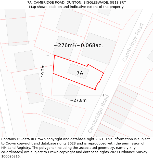 7A, CAMBRIDGE ROAD, DUNTON, BIGGLESWADE, SG18 8RT: Plot and title map