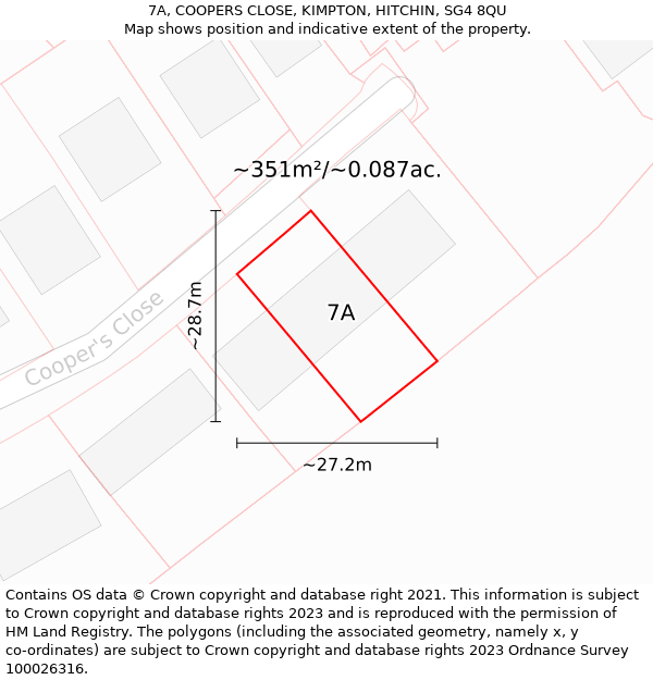 7A, COOPERS CLOSE, KIMPTON, HITCHIN, SG4 8QU: Plot and title map