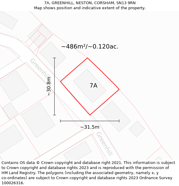 7A, GREENHILL, NESTON, CORSHAM, SN13 9RN: Plot and title map