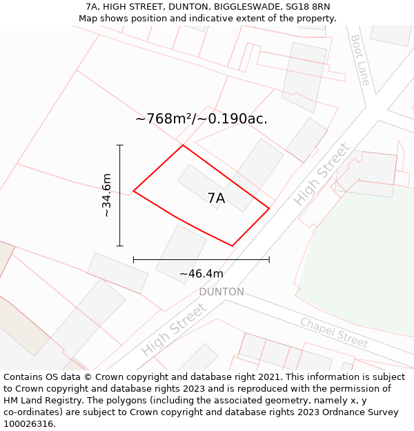 7A, HIGH STREET, DUNTON, BIGGLESWADE, SG18 8RN: Plot and title map