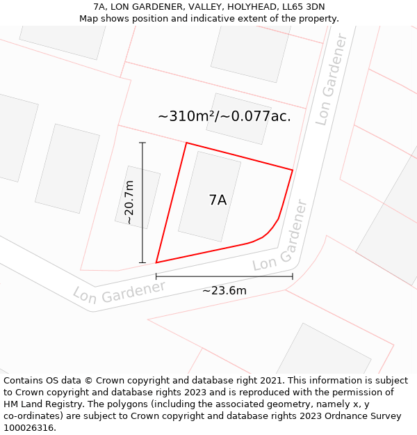 7A, LON GARDENER, VALLEY, HOLYHEAD, LL65 3DN: Plot and title map