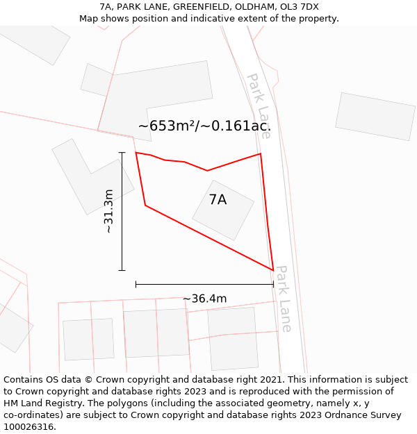 7A, PARK LANE, GREENFIELD, OLDHAM, OL3 7DX: Plot and title map