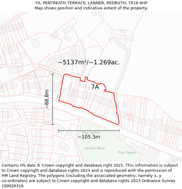 7A, PENTREATH TERRACE, LANNER, REDRUTH, TR16 6HP: Plot and title map
