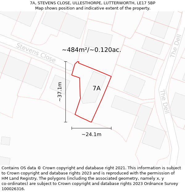 7A, STEVENS CLOSE, ULLESTHORPE, LUTTERWORTH, LE17 5BP: Plot and title map