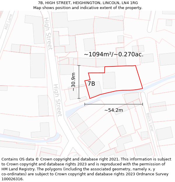 7B, HIGH STREET, HEIGHINGTON, LINCOLN, LN4 1RG: Plot and title map