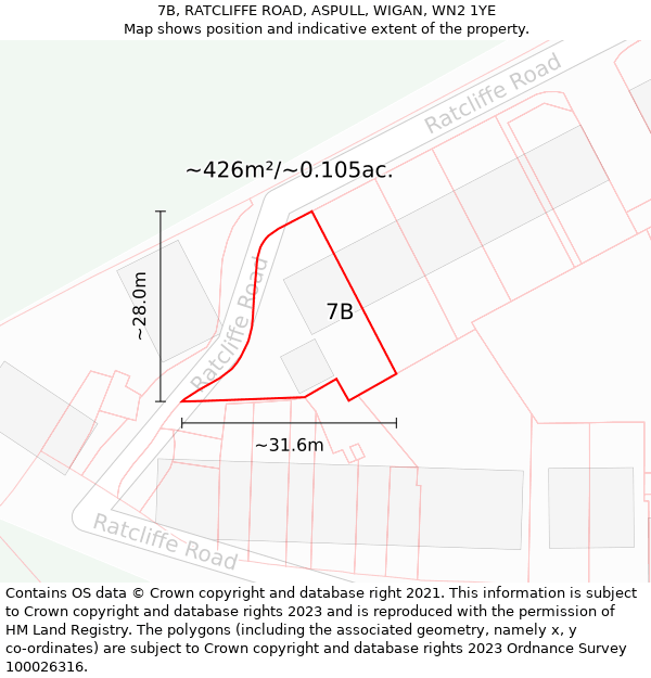 7B, RATCLIFFE ROAD, ASPULL, WIGAN, WN2 1YE: Plot and title map