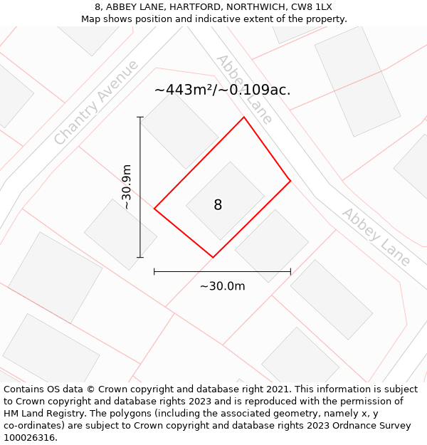 8, ABBEY LANE, HARTFORD, NORTHWICH, CW8 1LX: Plot and title map