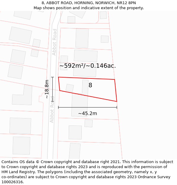 8, ABBOT ROAD, HORNING, NORWICH, NR12 8PN: Plot and title map