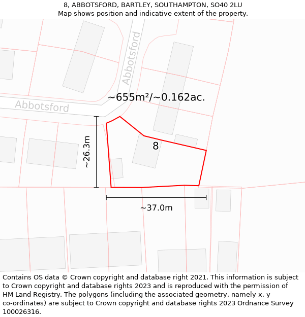 8, ABBOTSFORD, BARTLEY, SOUTHAMPTON, SO40 2LU: Plot and title map