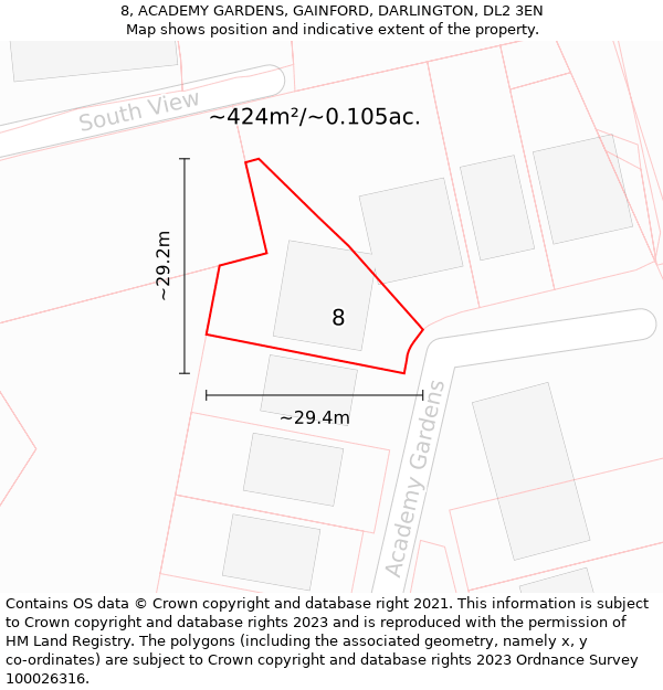 8, ACADEMY GARDENS, GAINFORD, DARLINGTON, DL2 3EN: Plot and title map