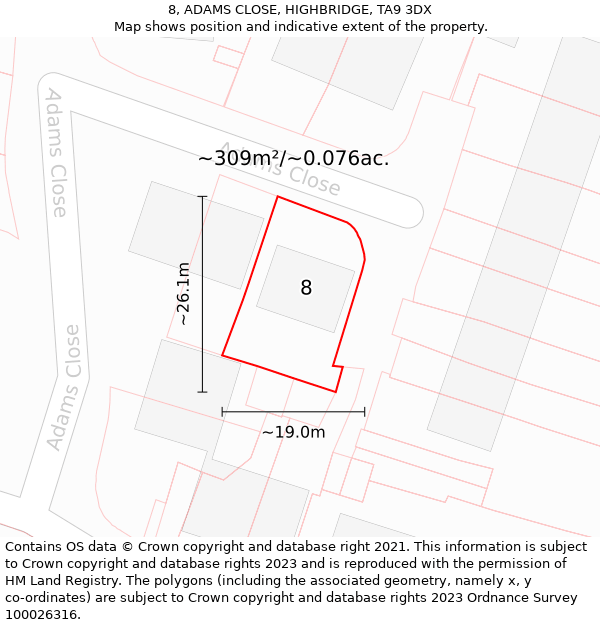 8, ADAMS CLOSE, HIGHBRIDGE, TA9 3DX: Plot and title map