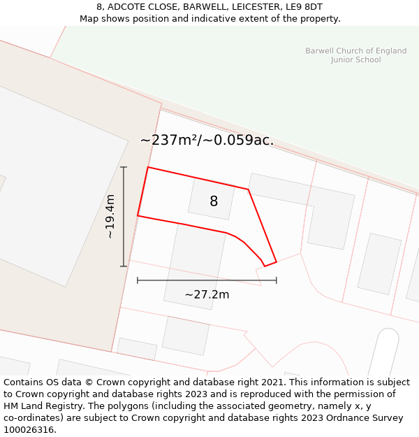 8, ADCOTE CLOSE, BARWELL, LEICESTER, LE9 8DT: Plot and title map