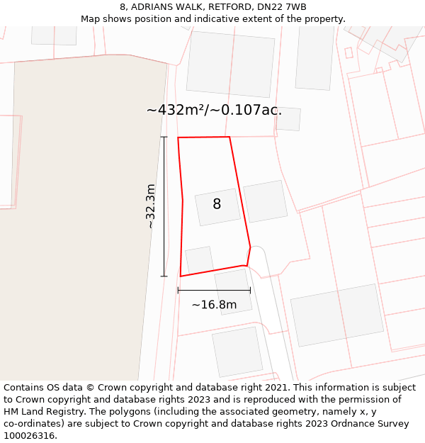 8, ADRIANS WALK, RETFORD, DN22 7WB: Plot and title map