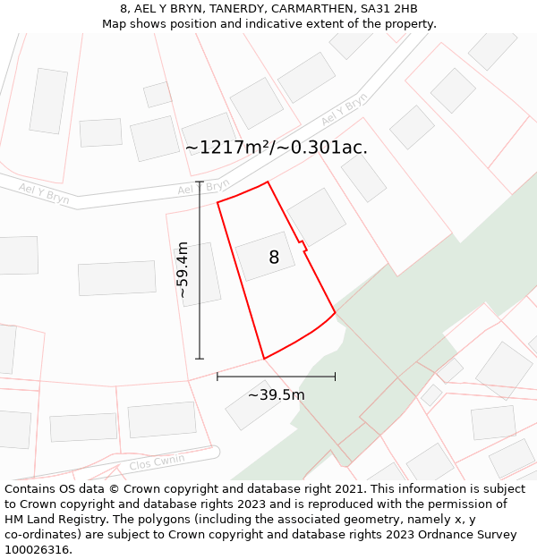 8, AEL Y BRYN, TANERDY, CARMARTHEN, SA31 2HB: Plot and title map