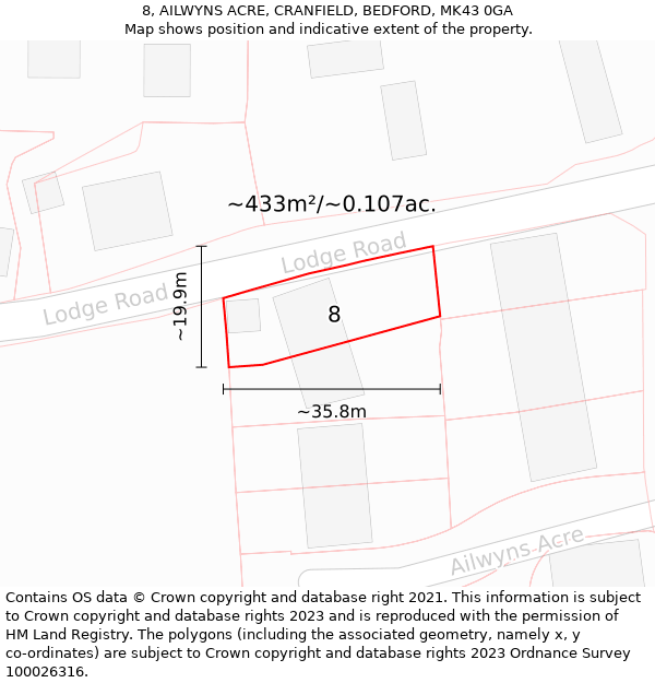 8, AILWYNS ACRE, CRANFIELD, BEDFORD, MK43 0GA: Plot and title map