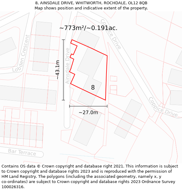 8, AINSDALE DRIVE, WHITWORTH, ROCHDALE, OL12 8QB: Plot and title map