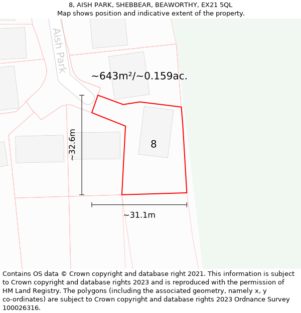 8, AISH PARK, SHEBBEAR, BEAWORTHY, EX21 5QL: Plot and title map