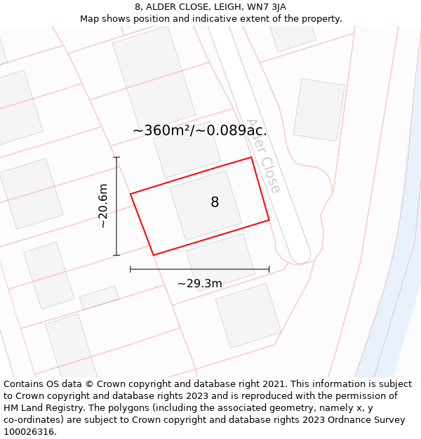 8, ALDER CLOSE, LEIGH, WN7 3JA: Plot and title map