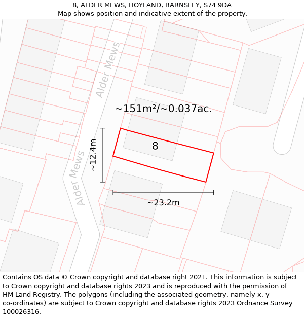 8, ALDER MEWS, HOYLAND, BARNSLEY, S74 9DA: Plot and title map