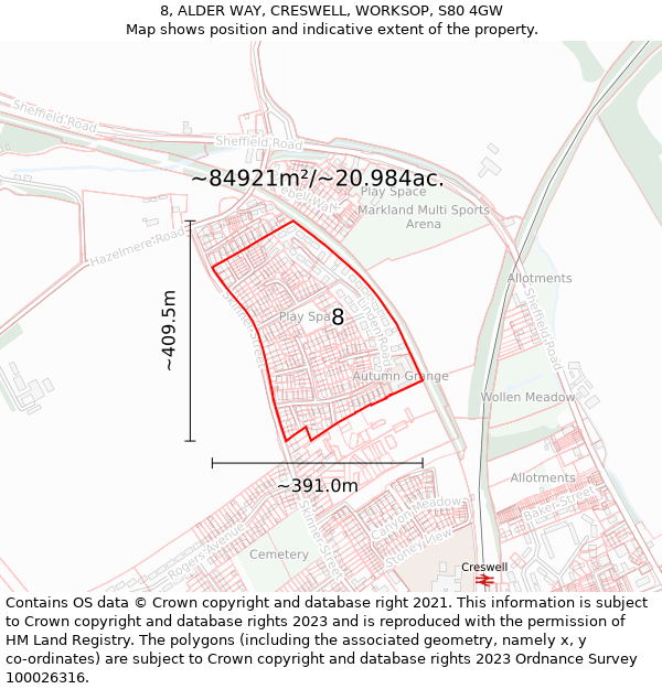 8, ALDER WAY, CRESWELL, WORKSOP, S80 4GW: Plot and title map
