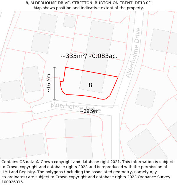 8, ALDERHOLME DRIVE, STRETTON, BURTON-ON-TRENT, DE13 0FJ: Plot and title map