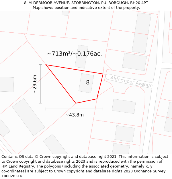 8, ALDERMOOR AVENUE, STORRINGTON, PULBOROUGH, RH20 4PT: Plot and title map