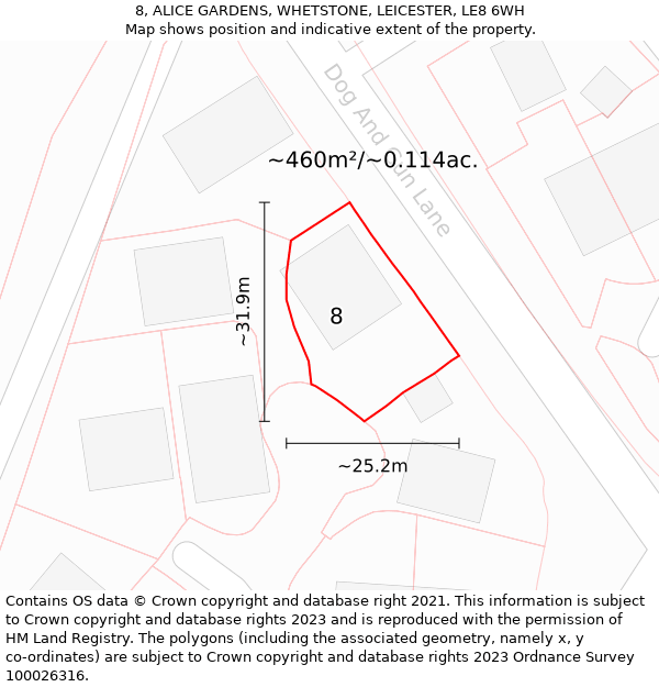 8, ALICE GARDENS, WHETSTONE, LEICESTER, LE8 6WH: Plot and title map