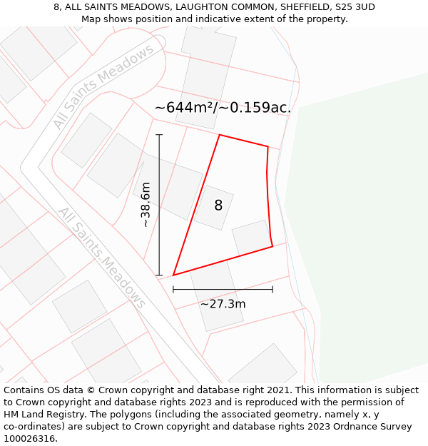 8, ALL SAINTS MEADOWS, LAUGHTON COMMON, SHEFFIELD, S25 3UD: Plot and title map
