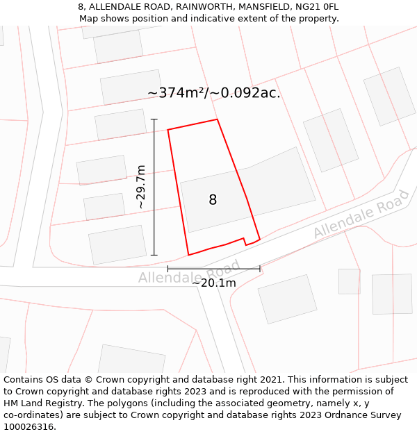 8, ALLENDALE ROAD, RAINWORTH, MANSFIELD, NG21 0FL: Plot and title map