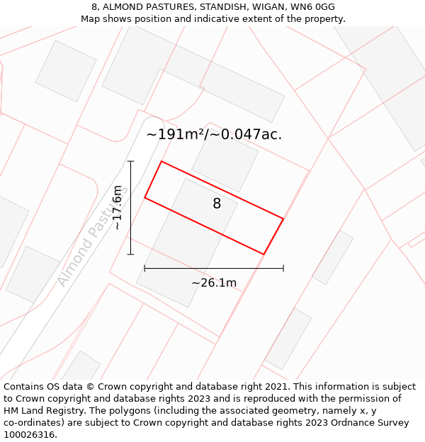 8, ALMOND PASTURES, STANDISH, WIGAN, WN6 0GG: Plot and title map