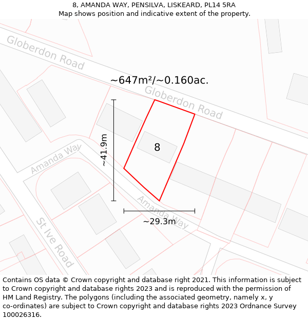 8, AMANDA WAY, PENSILVA, LISKEARD, PL14 5RA: Plot and title map