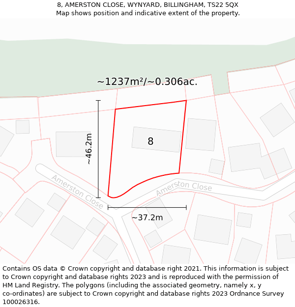 8, AMERSTON CLOSE, WYNYARD, BILLINGHAM, TS22 5QX: Plot and title map