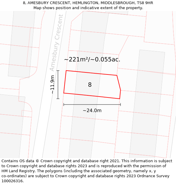 8, AMESBURY CRESCENT, HEMLINGTON, MIDDLESBROUGH, TS8 9HR: Plot and title map