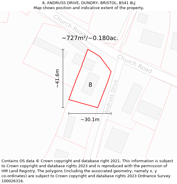 8, ANDRUSS DRIVE, DUNDRY, BRISTOL, BS41 8LJ: Plot and title map