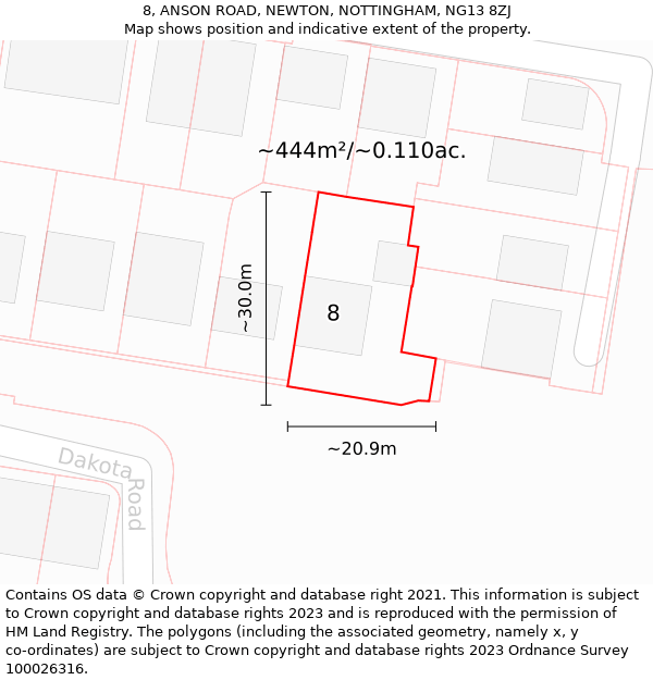 8, ANSON ROAD, NEWTON, NOTTINGHAM, NG13 8ZJ: Plot and title map